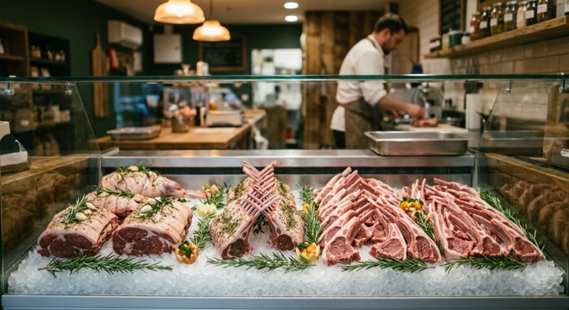 Butcher display case with neatly arranged lamb cutlets, racks, and roasts