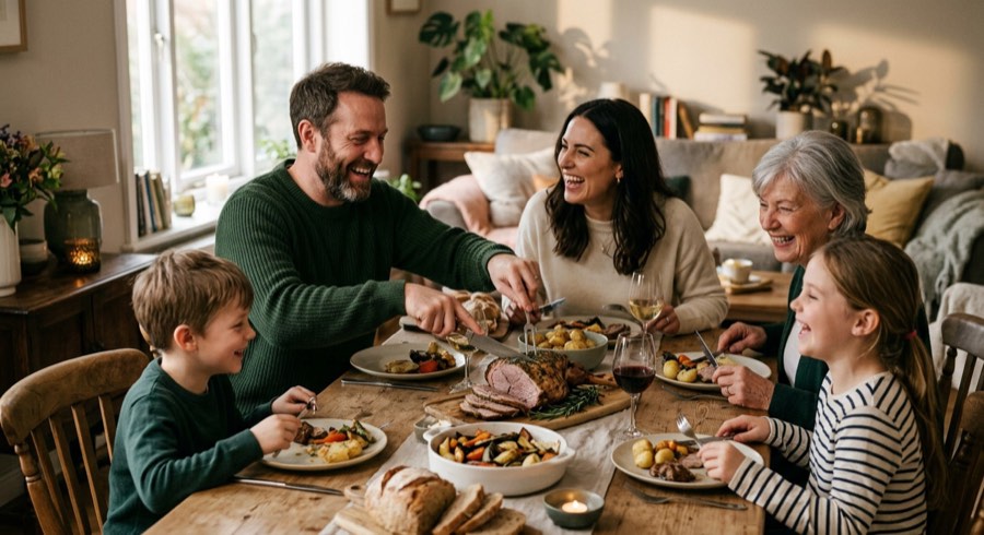 Family gathered around a dinner table sharing a lamb roast