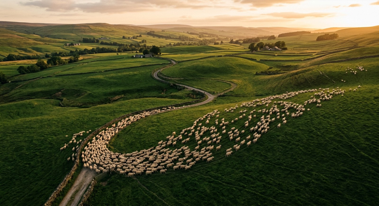Aerial view of a flock of sheep moving across rolling green pasture at golden hour