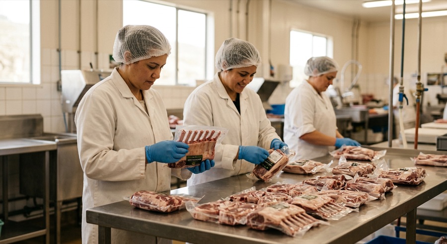 Workers in white coats and gloves inspecting vacuum-sealed cuts of lamb on a packing line