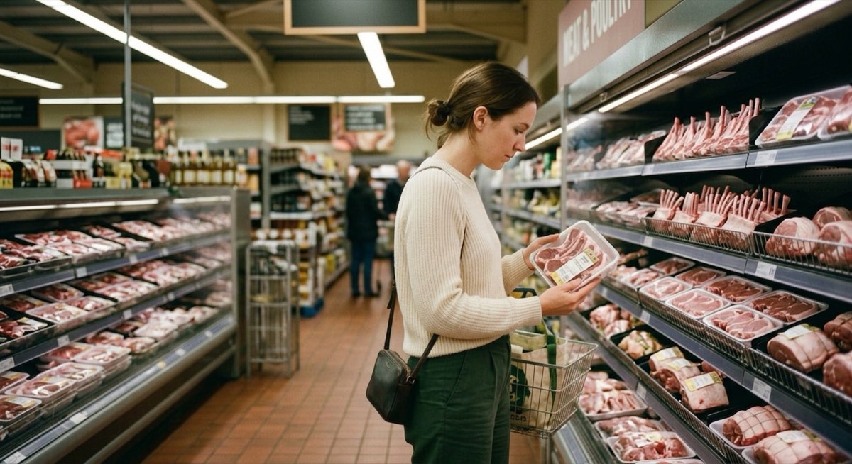Shopper reading the label on a tray of lamb in a supermarket meat aisle